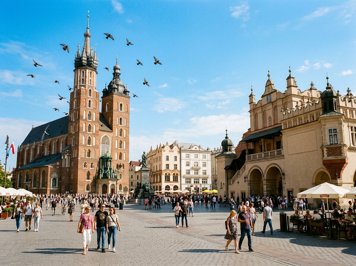 Rynek Główny w Krakowie, Sukiennice i Kościół Mariacki na wycieczce szkolnej